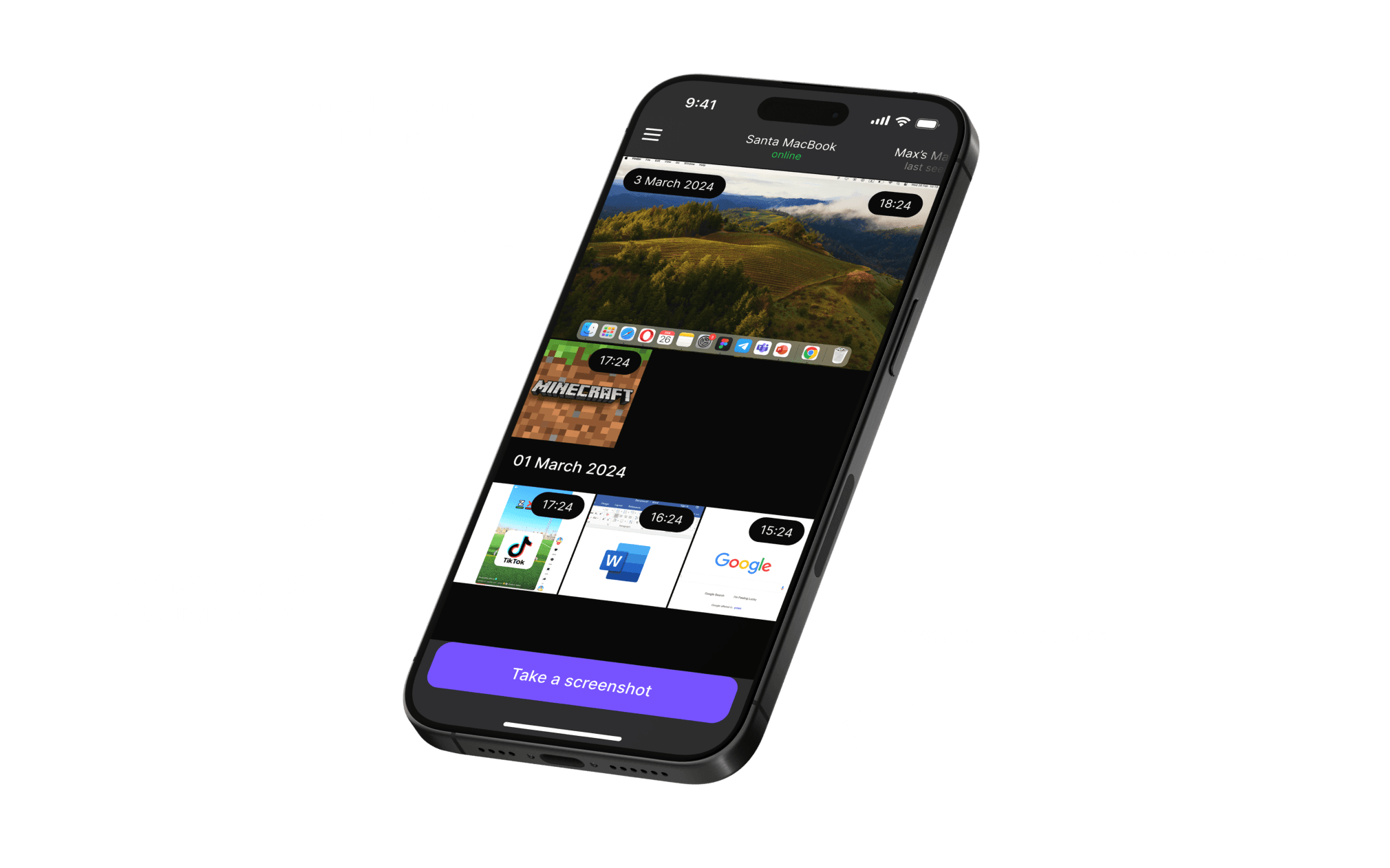 ScreenSpy mobile app showing screenshots of a monitored Mac